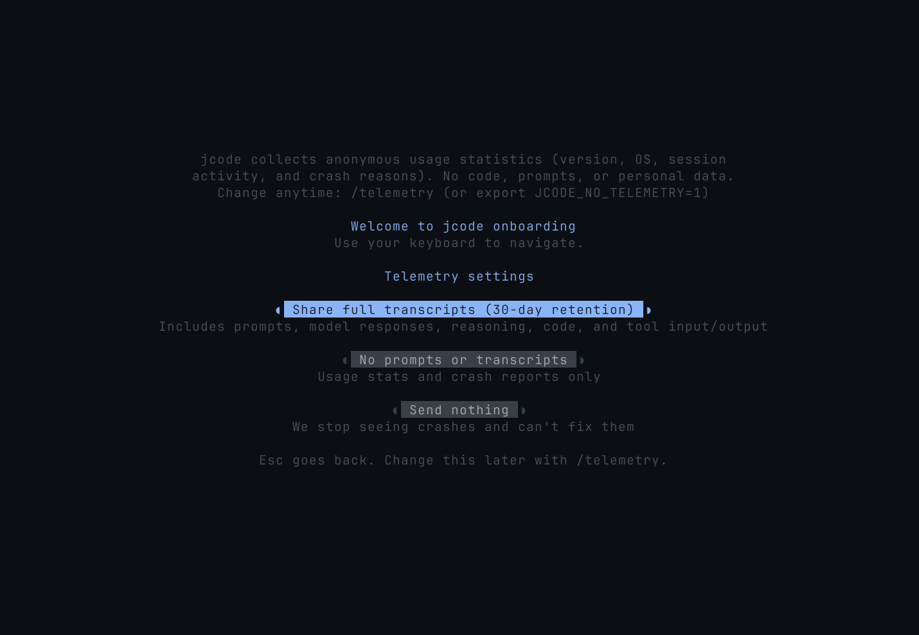 jcode onboarding telemetry settings with three levels