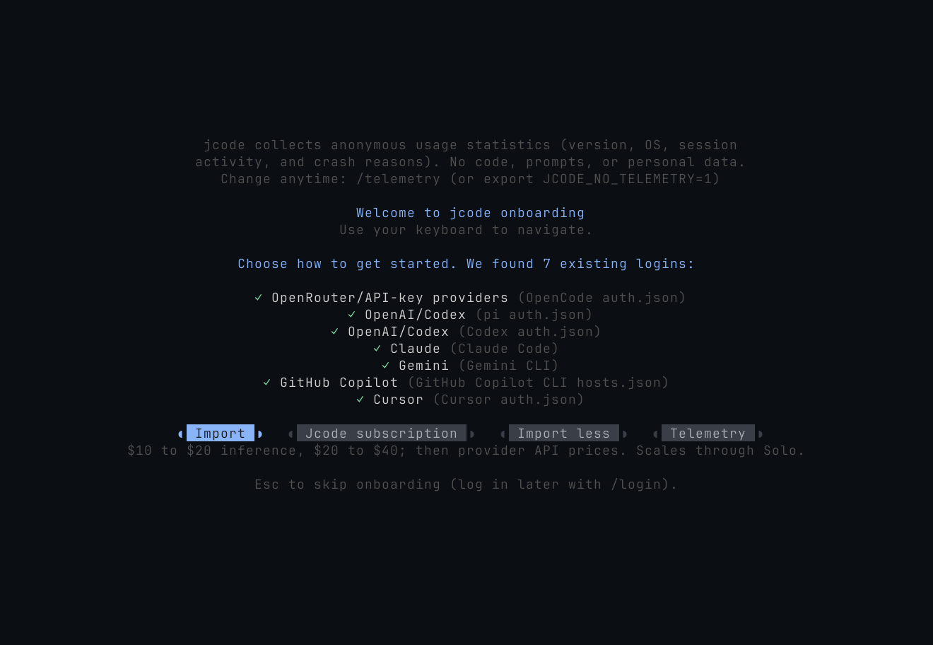 jcode onboarding listing seven detected logins with Import preselected